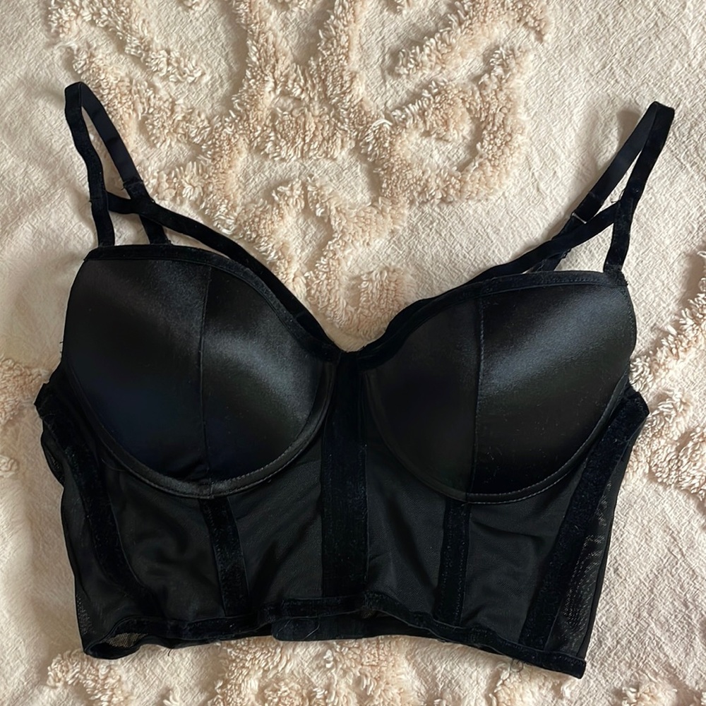 Longline Black Satin & Velvet Trim Corset Bra